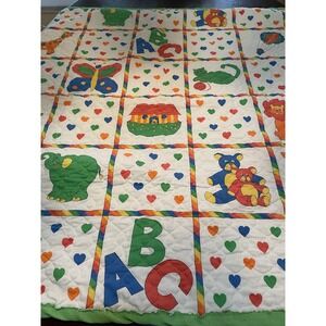 Vintage Quilted Baby Blanket Handmade Primary Colors 43x42" ABC's Animals Green